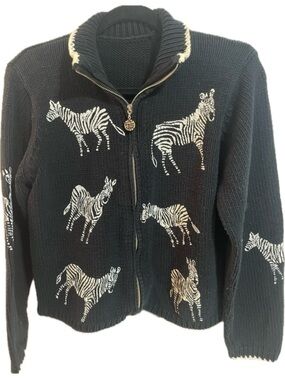 Vintage black white zebra animal print zippered designer estate sweater 1990’s